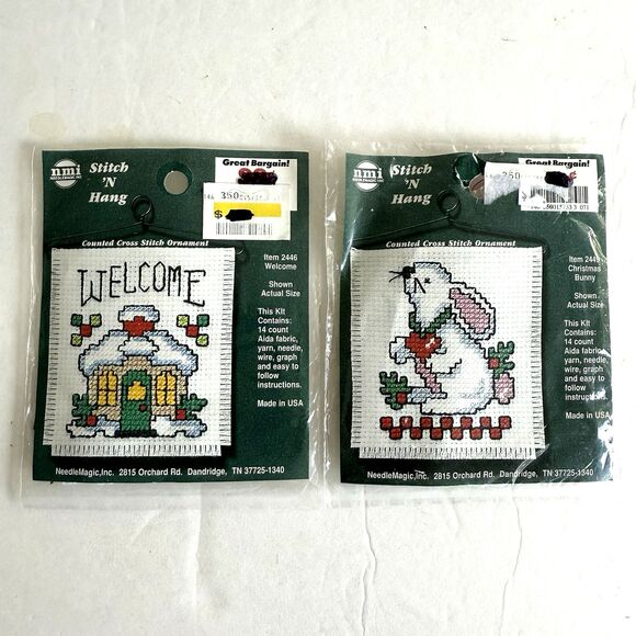 Lot of 4 Mini Stitch 'N Hang Counted Cross Stitch Ornament Kits Snowmen Bunny - Picture 3 of 5